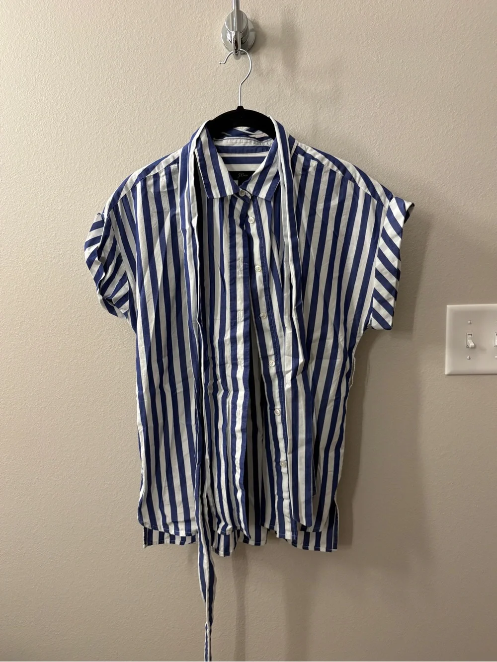 J. Crew Blue and White Vertical-Stripe Tie-Waist Button-Down Shirt